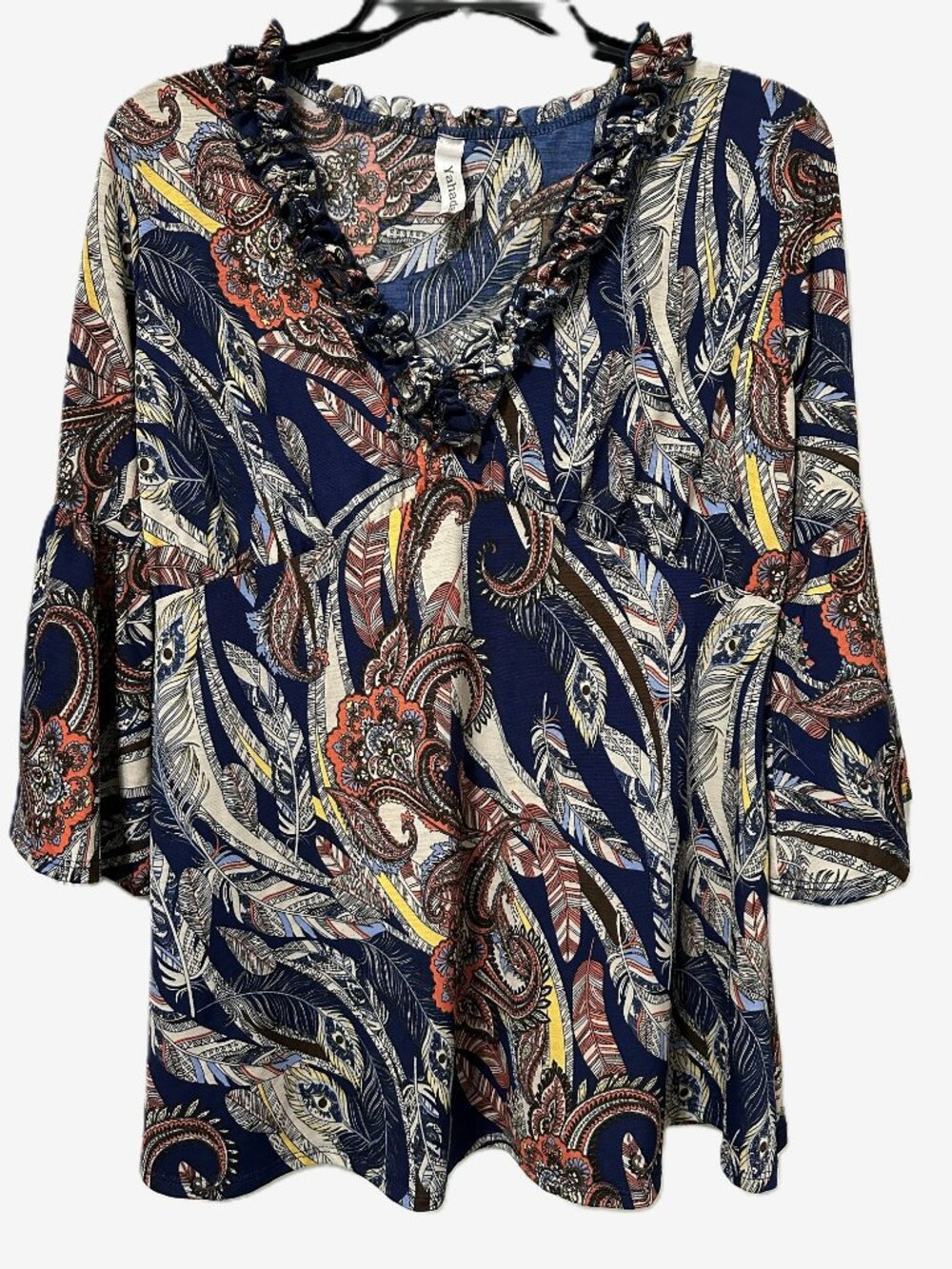 Yahada Paisley & Feather Print 3/4 Sleeves Blouse Top Size XL